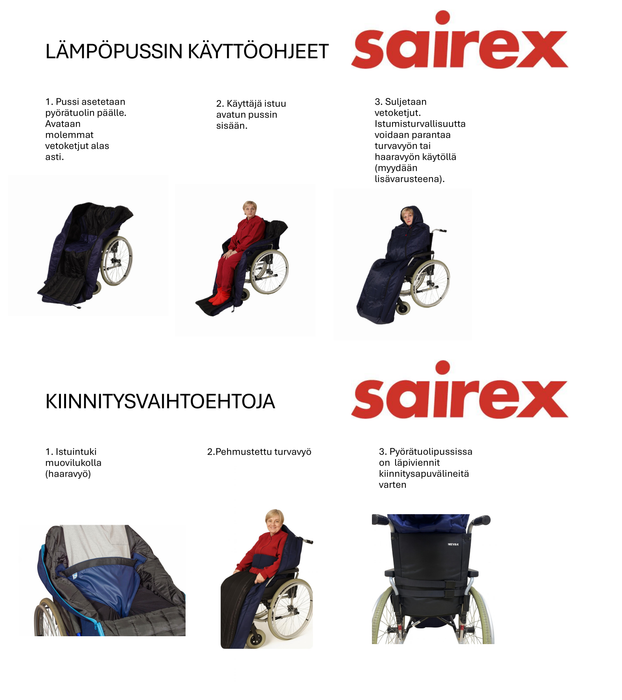Lämpöpussi pyörätuolia käyttävälle - täyspitkä malli hupulla - Sairex